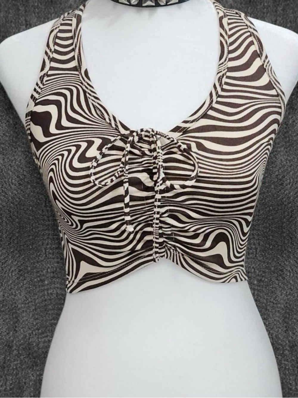 H&M Brown & Cream Swirl Ruched Halter Crop Top